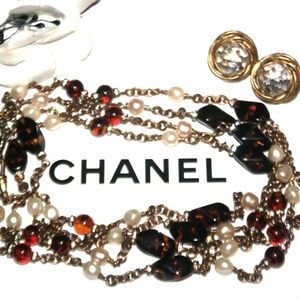 Vintage Chanel Tortoise,Pearl,Crystal 75" Necklace